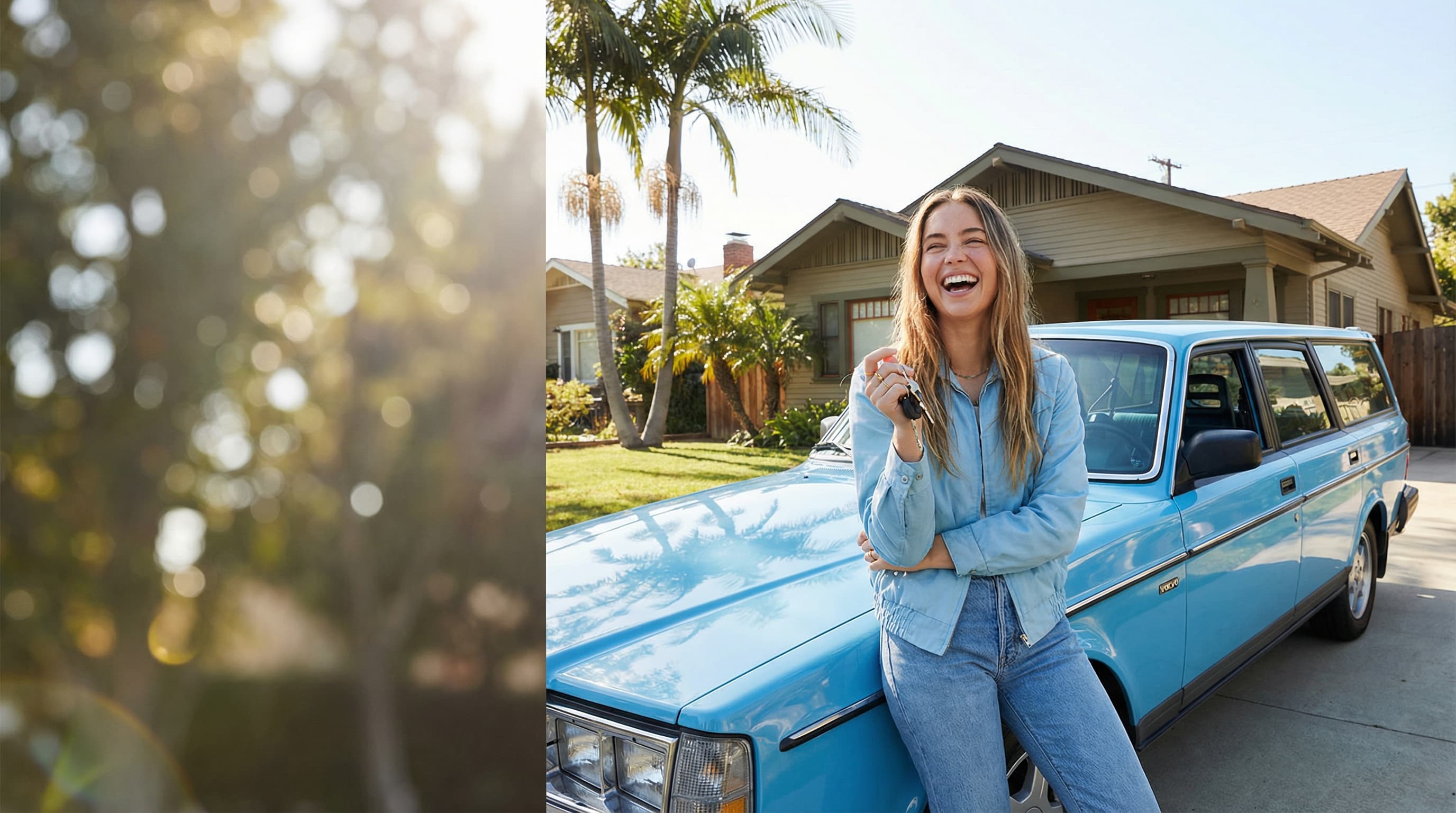 Young Californian with first-car keys in a sunny neighborhood
